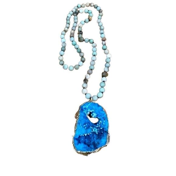 Boho Precious Stone Knotted Irregular Natural Blue Druzy Pendant Long Necklace - Picture 1 of 5